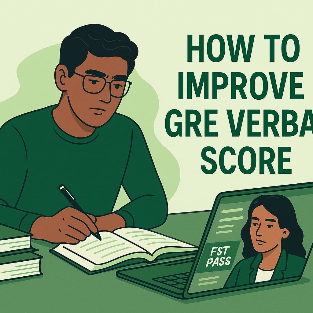 Student studying GRE Verbal strategies with books and laptop