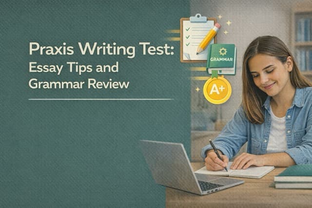 Student preparing for the Praxis Writing Test with essay notes and grammar reference materials