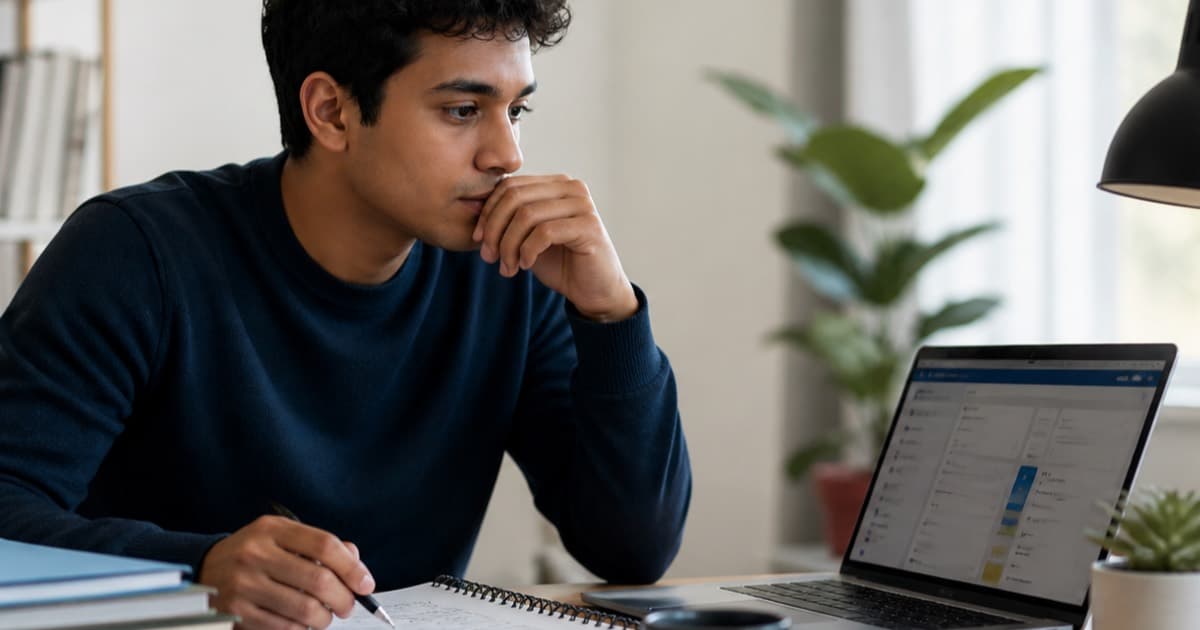 Student comparing online exam prep services while studying at home