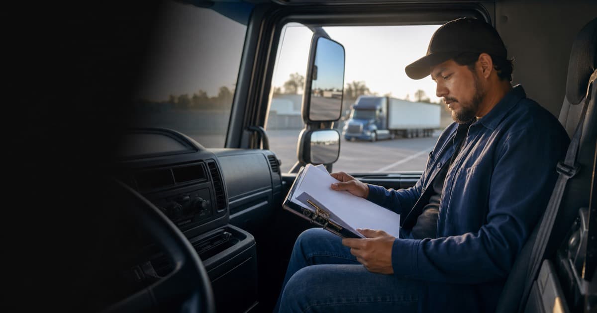 Commercial driver candidate studying for a CDL written exam in a parked truck cab