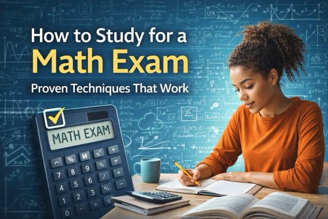 Student studying for a math exam with notes, calculator, and practice problems on desk