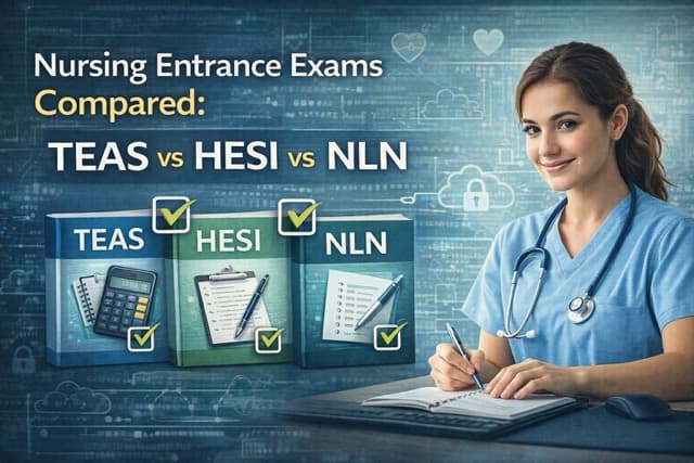 Nursing student comparing TEAS, HESI A2, and NLN PAX entrance exams